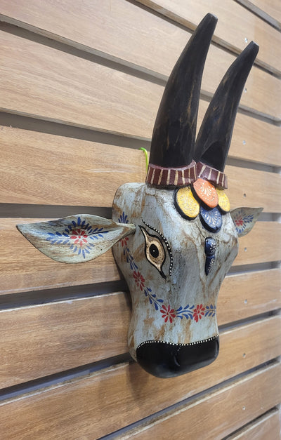 Cow Head Antique Finish Pichawai Painting Mango Solid Wood Black With Sky Blue Wall Decor Indian Handicrafts Traditional Entrance Vastu Decor (15.5 H* 15.5 L* 4.5 W Inches)