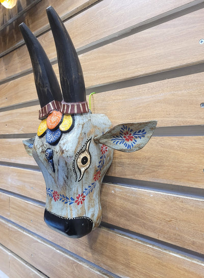 Cow Head Antique Finish Pichawai Painting Mango Solid Wood Black With Sky Blue Wall Decor Indian Handicrafts Traditional Entrance Vastu Decor (15.5 H* 15.5 L* 4.5 W Inches)