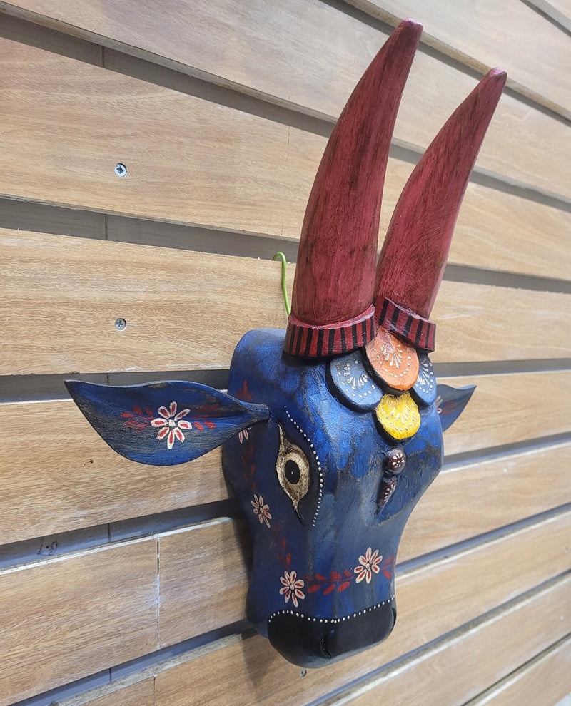 Cow Head Antique Finish Pichawai Painting Mango Solid Wood Blue With Pink Deisgn 4 Wall Decor Indian Handicrafts Traditional Entrance Vastu Decor (15.5H* 16 L* 4.5 W Inches)