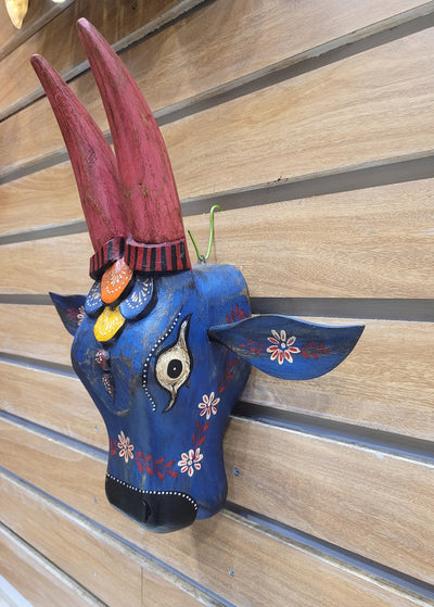 Cow Head Antique Finish Pichawai Painting Mango Solid Wood Blue With Pink Deisgn 4 Wall Decor Indian Handicrafts Traditional Entrance Vastu Decor (15.5H* 16 L* 4.5 W Inches)