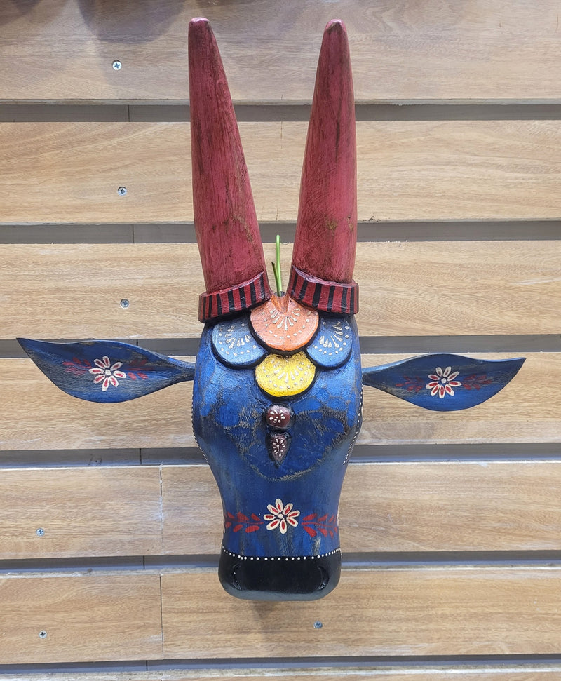 Cow Head Antique Finish Pichawai Painting Mango Solid Wood Blue With Pink Deisgn 4 Wall Decor Indian Handicrafts Traditional Entrance Vastu Decor (15.5H* 16 L* 4.5 W Inches)