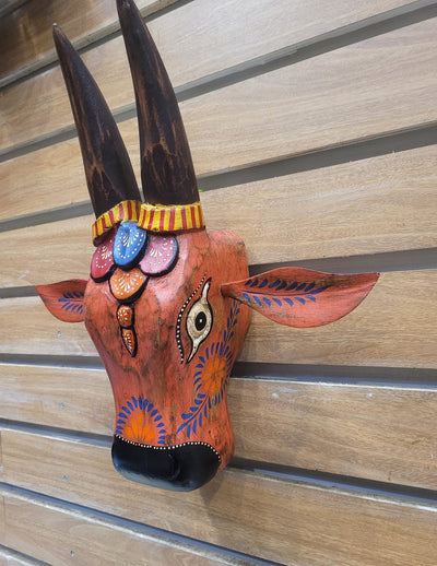 Cow Head Antique Finish Pichawai Painting Mango Solid Wood Brown With Orange Wall Decor Indian Handicrafts Traditional Entrance Vastu Decor (15.5 H* 15 L* 4.5 W Inches)