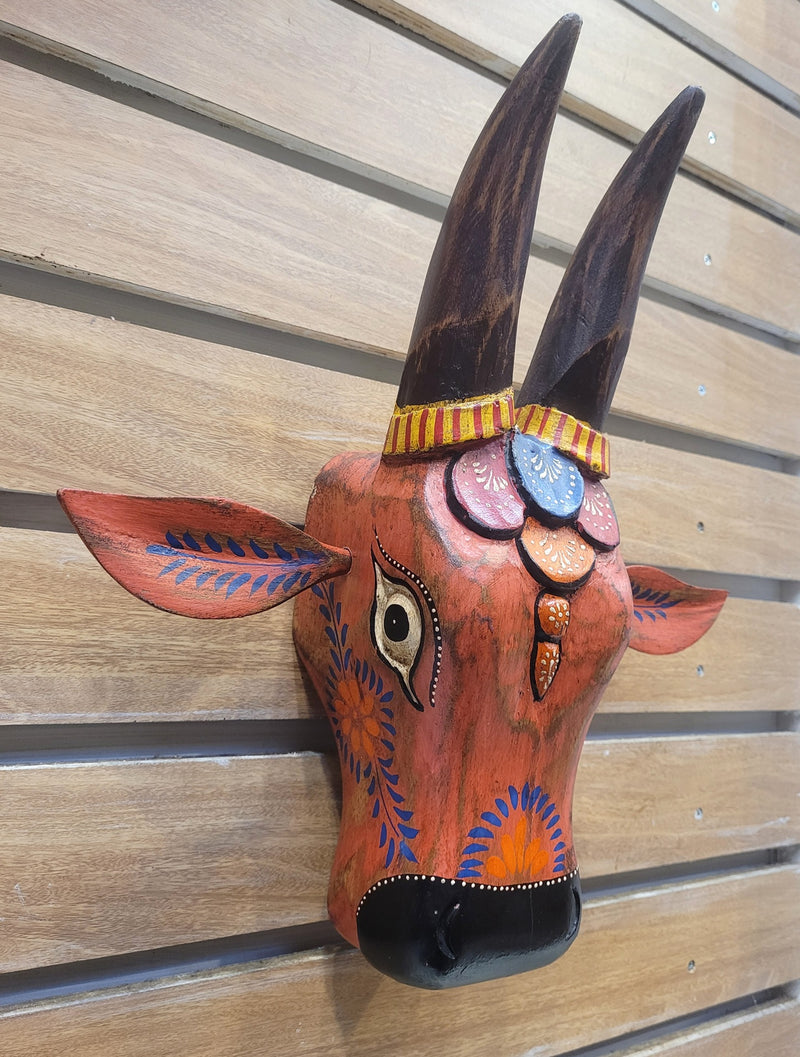 Cow Head Antique Finish Pichawai Painting Mango Solid Wood Brown With Orange Wall Decor Indian Handicrafts Traditional Entrance Vastu Decor (15.5 H* 15 L* 4.5 W Inches)