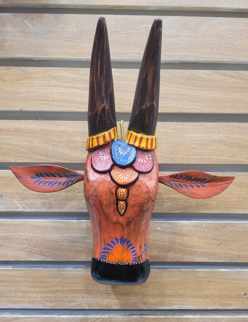 Cow Head Antique Finish Pichawai Painting Mango Solid Wood Brown With Orange Wall Decor Indian Handicrafts Traditional Entrance Vastu Decor (15.5 H* 15 L* 4.5 W Inches)