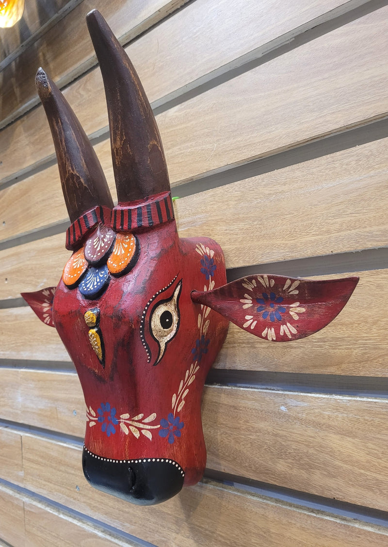 Cow Head Antique Finish Pichawai Painting Mango Solid Wood Red With Brown Design 3 Wall Decor Indian Handicrafts Traditional Entrance Vastu Decor (15.5H* 16 L* 4.5 W Inches)