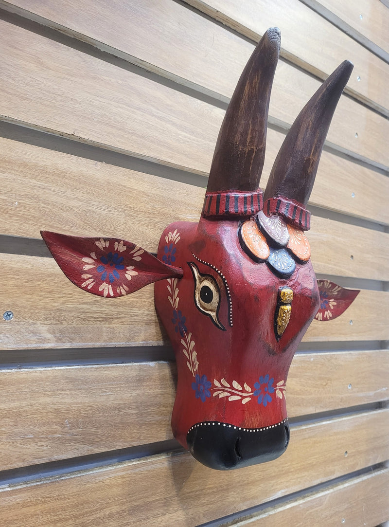 Cow Head Antique Finish Pichawai Painting Mango Solid Wood Red With Brown Design 3 Wall Decor Indian Handicrafts Traditional Entrance Vastu Decor (15.5H* 16 L* 4.5 W Inches)