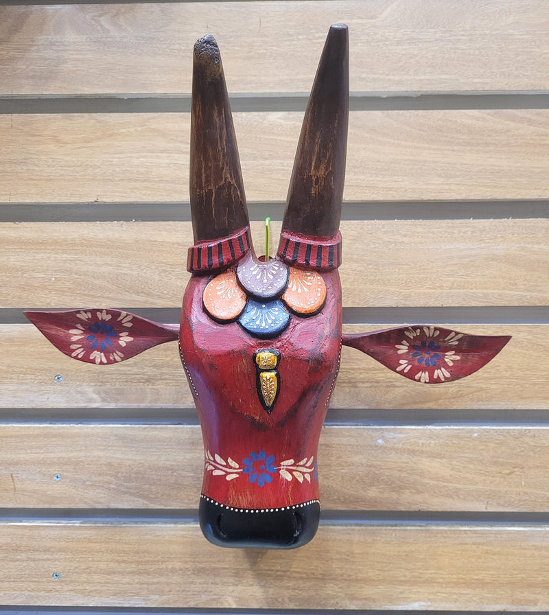 Cow Head Antique Finish Pichawai Painting Mango Solid Wood Red With Brown Design 3 Wall Decor Indian Handicrafts Traditional Entrance Vastu Decor (15.5H* 16 L* 4.5 W Inches)