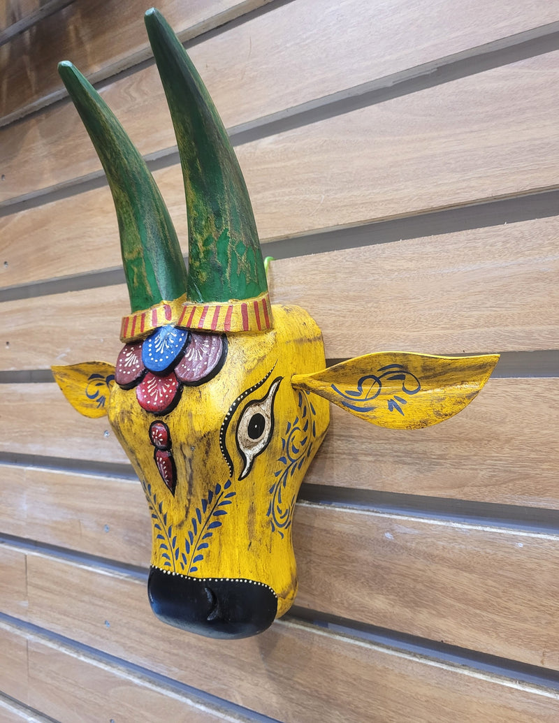 Cow Head Antique Finish Pichawai Painting Mango Solid Wood Yellow With Green Deisgn 5 Wall Decor Indian Handicrafts Traditional Entrance Vastu Decor (15.5H* 16 L* 4.5 W Inches)