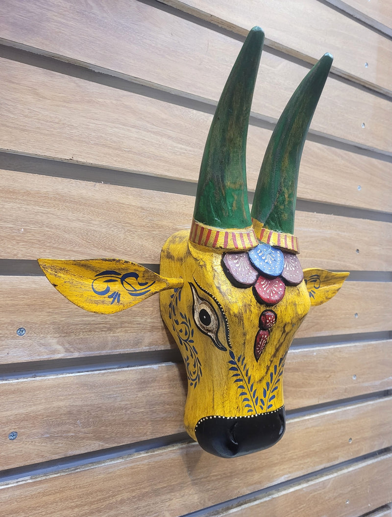 Cow Head Antique Finish Pichawai Painting Mango Solid Wood Yellow With Green Deisgn 5 Wall Decor Indian Handicrafts Traditional Entrance Vastu Decor (15.5H* 16 L* 4.5 W Inches)