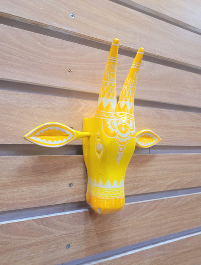 Cow Head Pichawai Painting Mango solid wood Yellow &amp; White Medium wall decor Indian handicrafts traditional entrance vastu decor( 11 H, 11 L, 3 W ) Inches