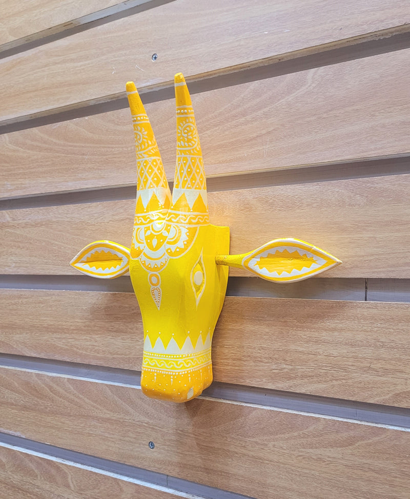 Cow Head Pichawai Painting Mango solid wood Yellow &amp; White Medium wall decor Indian handicrafts traditional entrance vastu decor( 11 H, 11 L, 3 W ) Inches