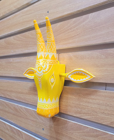 Cow Head Pichawai Painting Mango solid wood Yellow &amp; White Medium wall decor Indian handicrafts traditional entrance vastu decor( 11 H, 11 L, 3 W ) Inches