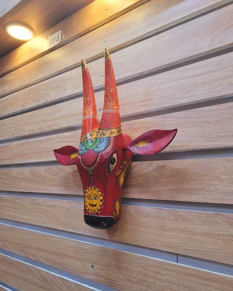 Cow Head Pichawai Painting Mango solid wood RED Medium Wall decor Indian handicrafts traditional entrance vastu decor(15H, 13 L, 4 W) Inches