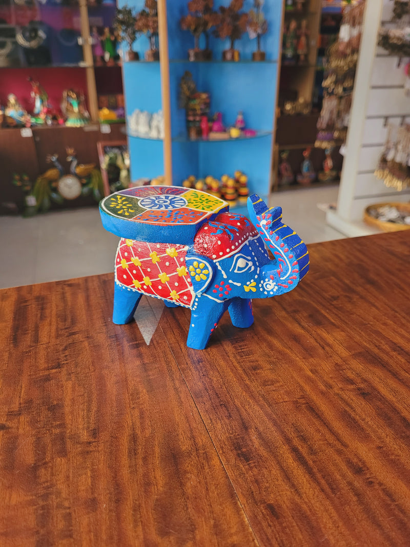 Cute Wooden Small Elephant Stool Blue with multicolor Hand Painted Hand Made Decor Home Decor return gifts (4 H * 5 L * 3 L ) Inches