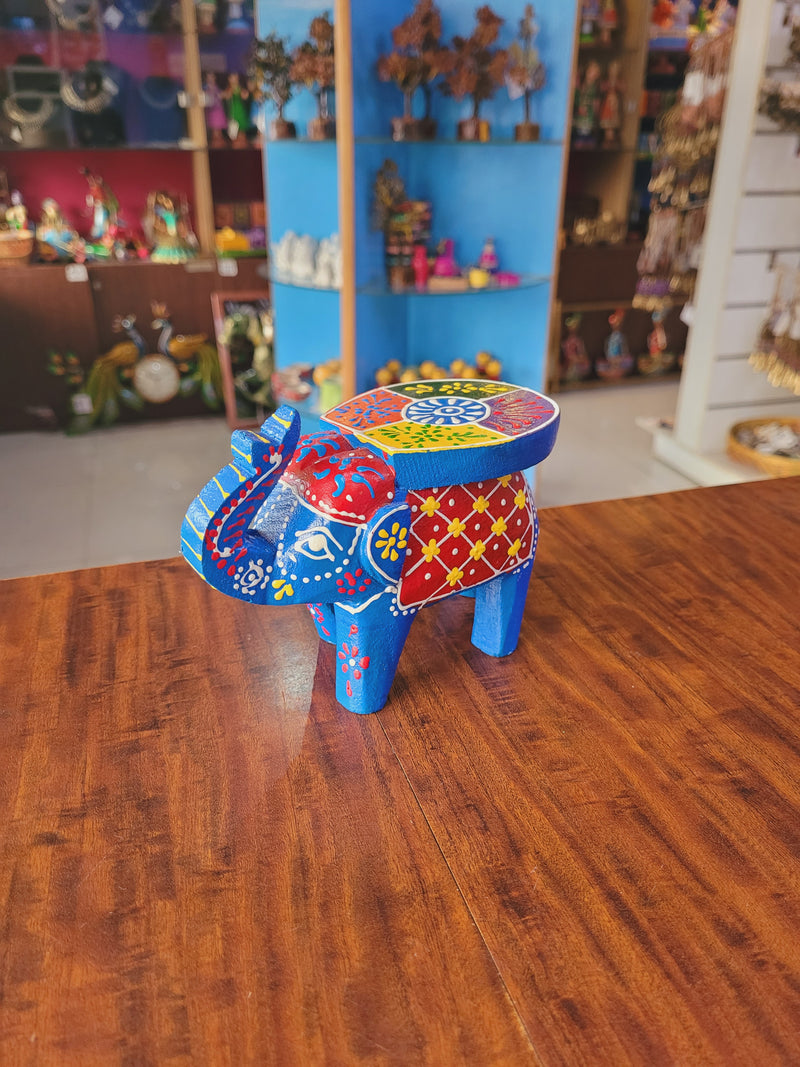 Cute Wooden Small Elephant Stool Blue with multicolor Hand Painted Hand Made Decor Home Decor return gifts (4 H * 5 L * 3 L ) Inches