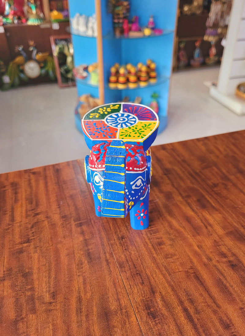 Cute Wooden Small Elephant Stool Blue with multicolor Hand Painted Hand Made Decor Home Decor return gifts (4 H * 5 L * 3 L ) Inches