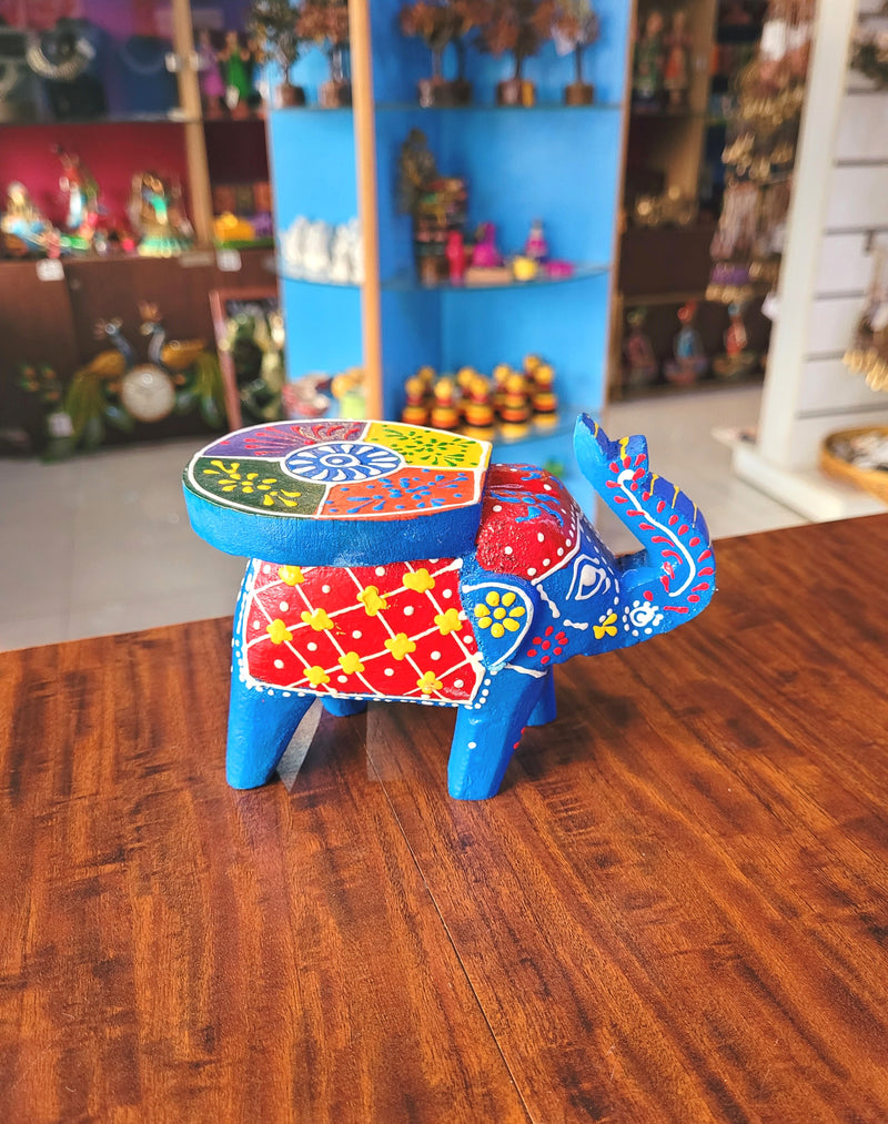 Cute Wooden Small Elephant Stool Blue with multicolor Hand Painted Hand Made Decor Home Decor return gifts (4 H * 5 L * 3 L ) Inches