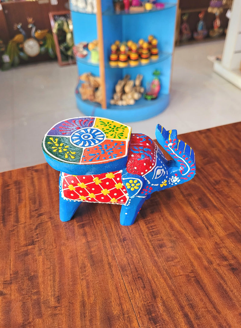 Cute Wooden Small Elephant Stool Blue with multicolor Hand Painted Hand Made Decor Home Decor return gifts (4 H * 5 L * 3 L ) Inches