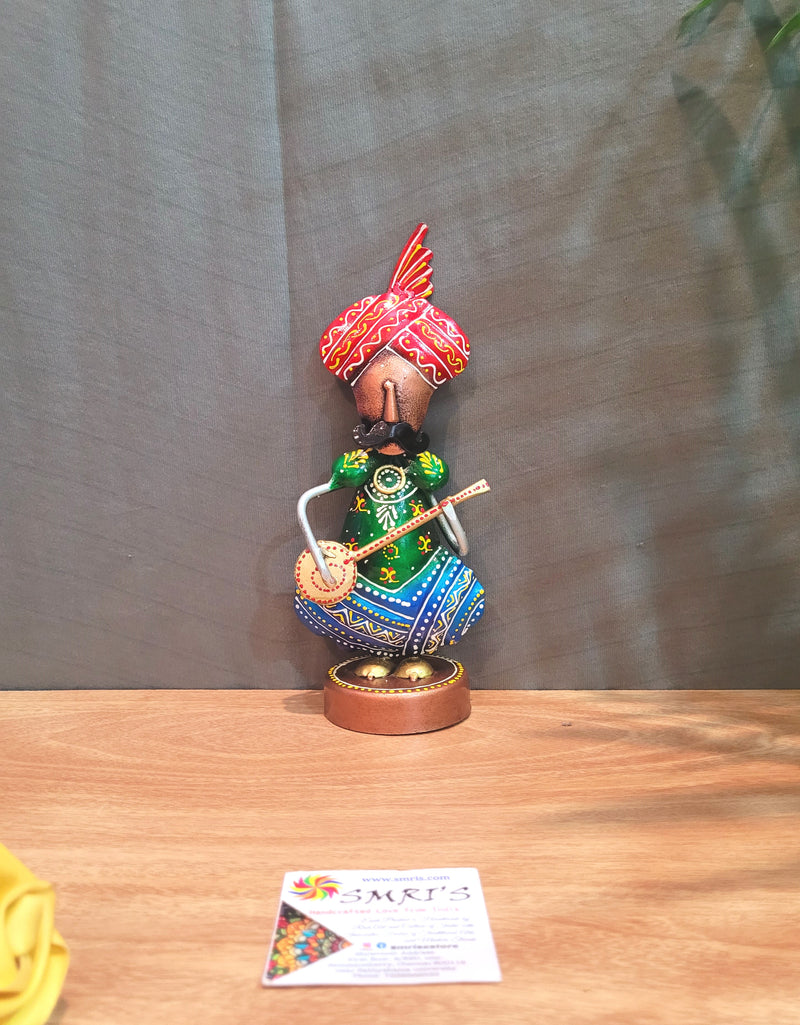 Cute Rajasthani Musician Green men with Veenai Table decor show piece Iron ( 8H * 3.5L * 2.5W ) inches