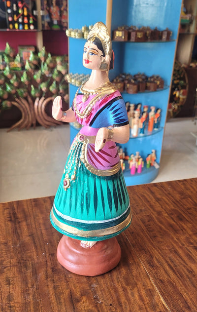 Tanjore dolls Thanjavur Thalayatti Bommai Heart Dancing Doll Paper Mache 12 inch Green With Pink Handmade golu dolls butta bomma (11.5H * 3.5L * 3.5W) inches