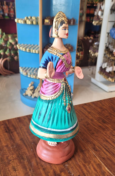 Tanjore dolls Thanjavur Thalayatti Bommai Heart Dancing Doll Paper Mache 12 inch Green With Pink Handmade golu dolls butta bomma (11.5H * 3.5L * 3.5W) inches