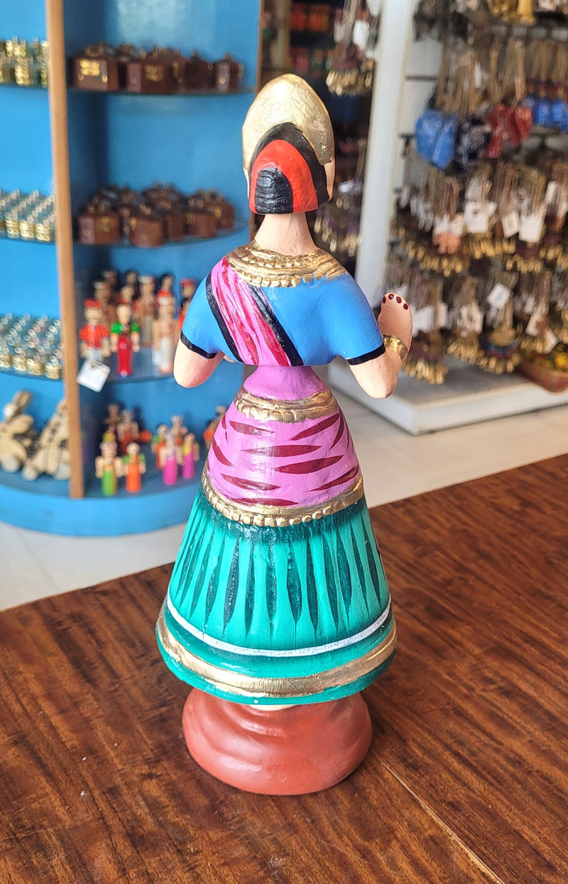 Tanjore dolls Thanjavur Thalayatti Bommai Heart Dancing Doll Paper Mache 12 inch Green With Pink Handmade golu dolls butta bomma (11.5H * 3.5L * 3.5W) inches