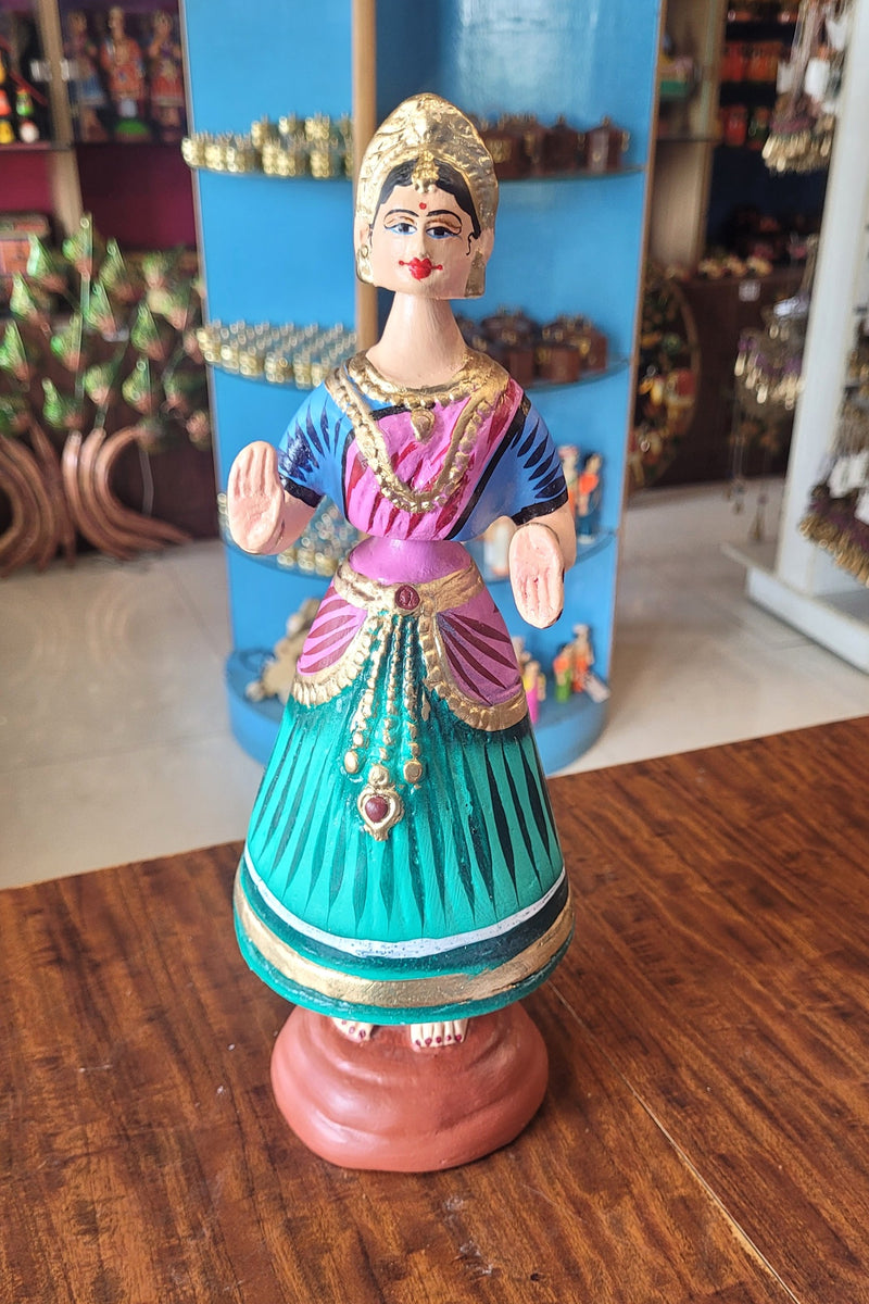 Tanjore dolls Thanjavur Thalayatti Bommai Heart Dancing Doll Paper Mache 12 inch Green With Pink Handmade golu dolls butta bomma (11.5H * 3.5L * 3.5W) inches