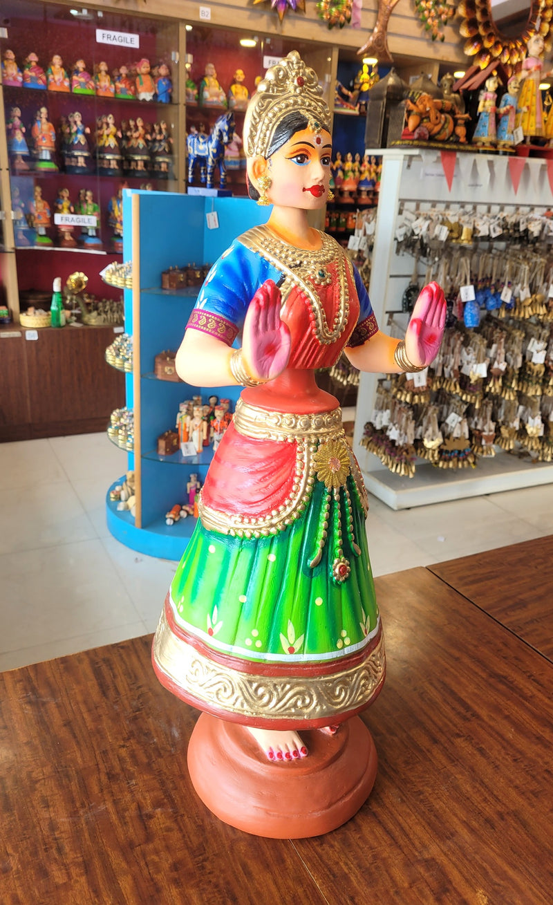 Tanjore dolls Thanjavur Thalayatti Bommai Dancing Doll 2 Feet  Very Big Rani Doll very big Green With Red & Blue Woman Show piece Table Décor papermache golu dolls ( 24 H * 7.5 L * 7.5 W ) Inches
