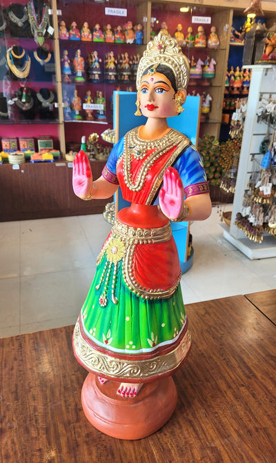 Tanjore dolls Thanjavur Thalayatti Bommai Dancing Doll 2 Feet  Very Big Rani Doll very big Green With Red & Blue Woman Show piece Table Décor papermache golu dolls ( 24 H * 7.5 L * 7.5 W ) Inches