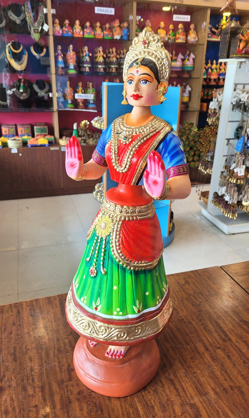 Tanjore dolls Thanjavur Thalayatti Bommai Dancing Doll 2 Feet  Very Big Rani Doll very big Green With Red & Blue Woman Show piece Table Décor papermache golu dolls ( 24 H * 7.5 L * 7.5 W ) Inches