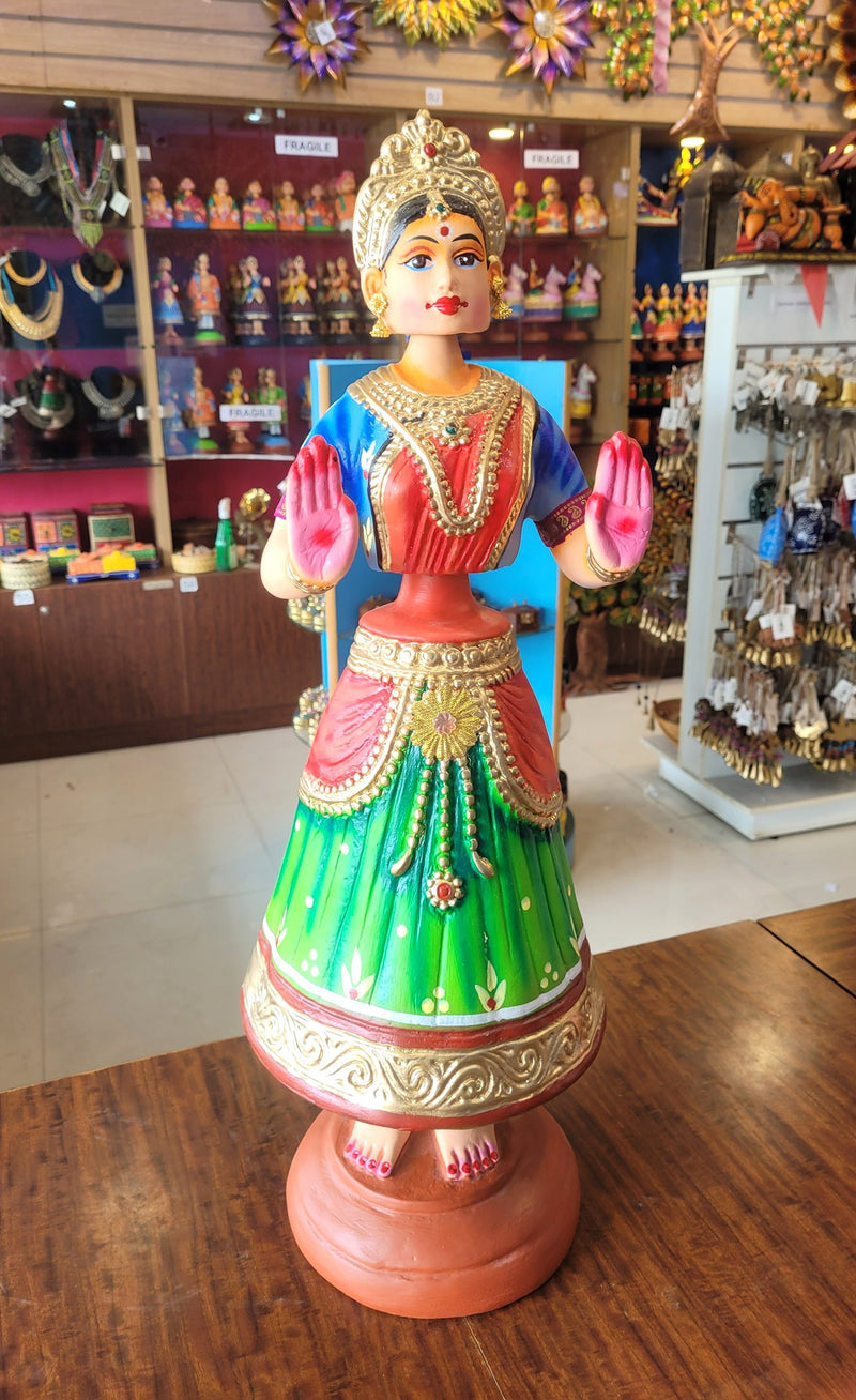 Tanjore dolls Thanjavur Thalayatti Bommai Dancing Doll 2 Feet  Very Big Rani Doll very big Green With Red & Blue Woman Show piece Table Décor papermache golu dolls ( 24 H * 7.5 L * 7.5 W ) Inches