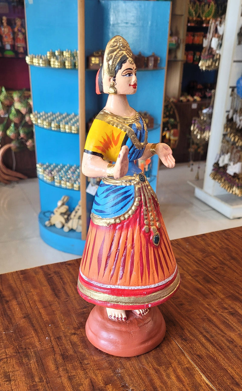 Tanjore dolls Thanjavur Thalayatti Bommai Heart Dancing Doll Paper Mache 12 inch Orange With Blue Handmade golu dolls butta bomma (11.5H * 3.5L * 3.5W) inches