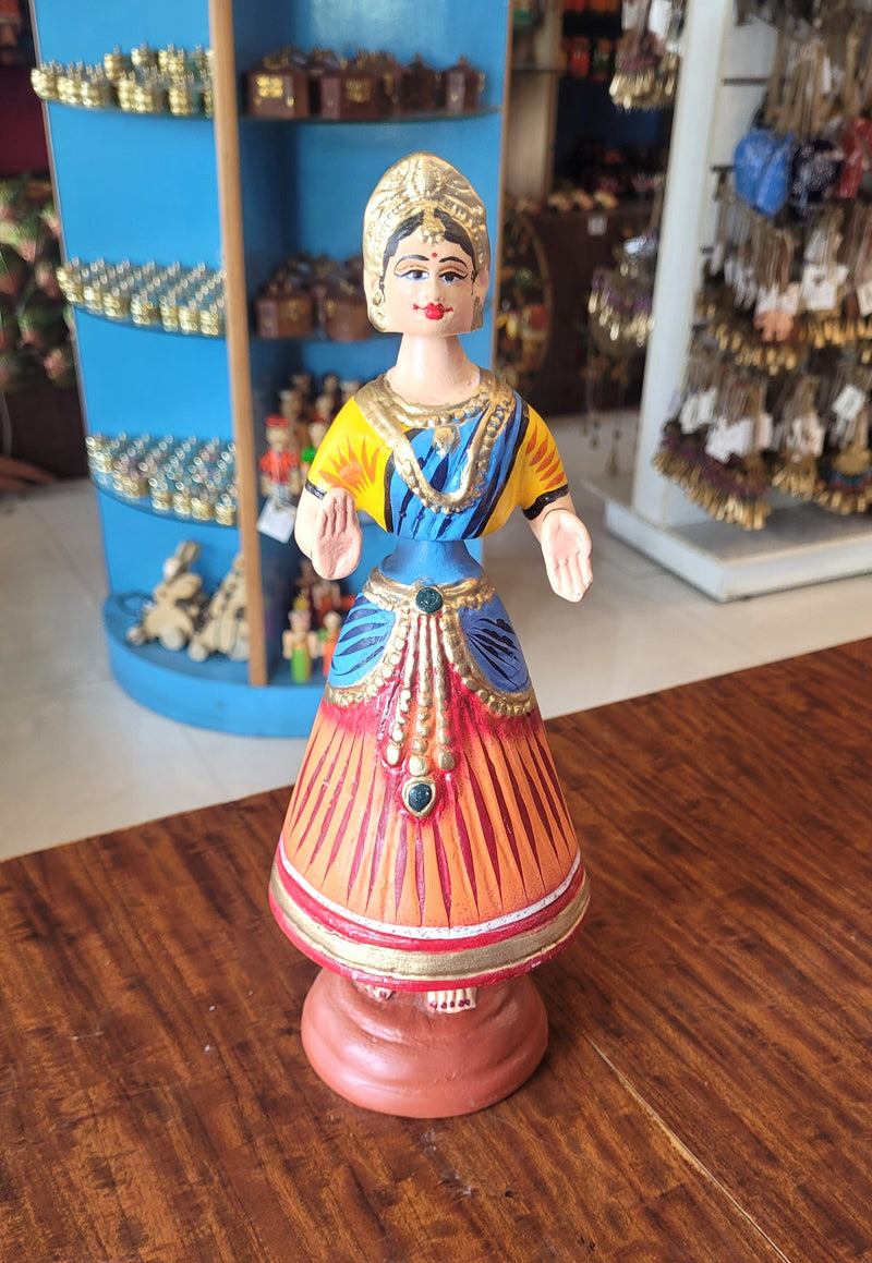 Tanjore dolls Thanjavur Thalayatti Bommai Heart Dancing Doll Paper Mache 12 inch Orange With Blue Handmade golu dolls butta bomma (11.5H * 3.5L * 3.5W) inches