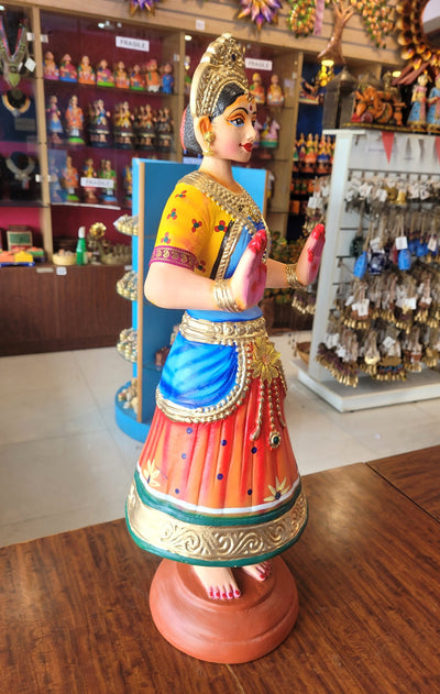 Tanjore dolls Thanjavur Thalayatti Bommai Dancing Doll 2 Feet Rani Doll very Big Orange With Blue & Yellow Woman Show piece Table Décor papermache golu dolls ( 24 H * 7.5 L * 7.5 W ) Inches