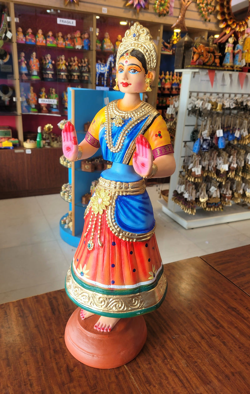 Tanjore dolls Thanjavur Thalayatti Bommai Dancing Doll 2 Feet Rani Doll very Big Orange With Blue & Yellow Woman Show piece Table Décor papermache golu dolls ( 24 H * 7.5 L * 7.5 W ) Inches
