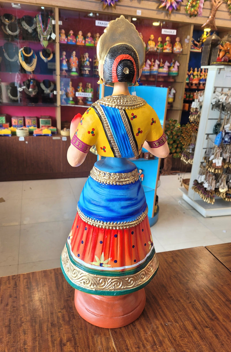 Tanjore dolls Thanjavur Thalayatti Bommai Dancing Doll 2 Feet Rani Doll very Big Orange With Blue & Yellow Woman Show piece Table Décor papermache golu dolls ( 24 H * 7.5 L * 7.5 W ) Inches