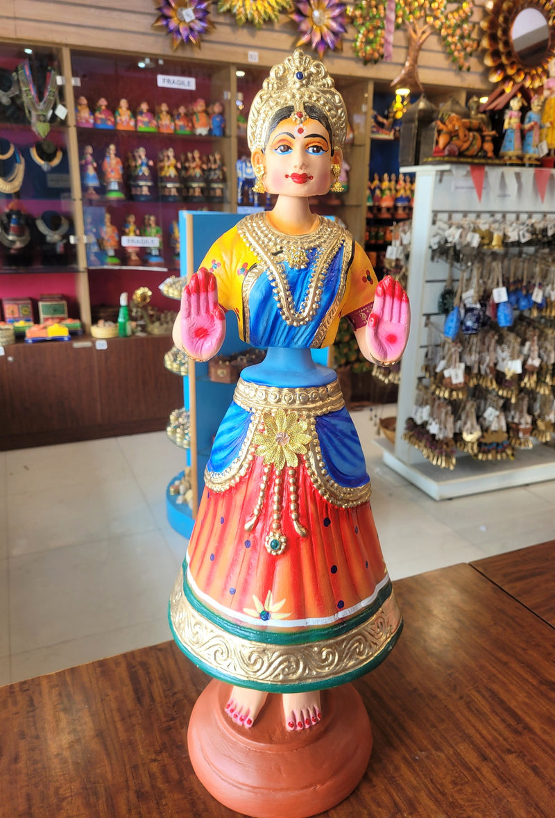 Tanjore dolls Thanjavur Thalayatti Bommai Dancing Doll 2 Feet Rani Doll very Big Orange With Blue & Yellow Woman Show piece Table Décor papermache golu dolls ( 24 H * 7.5 L * 7.5 W ) Inches