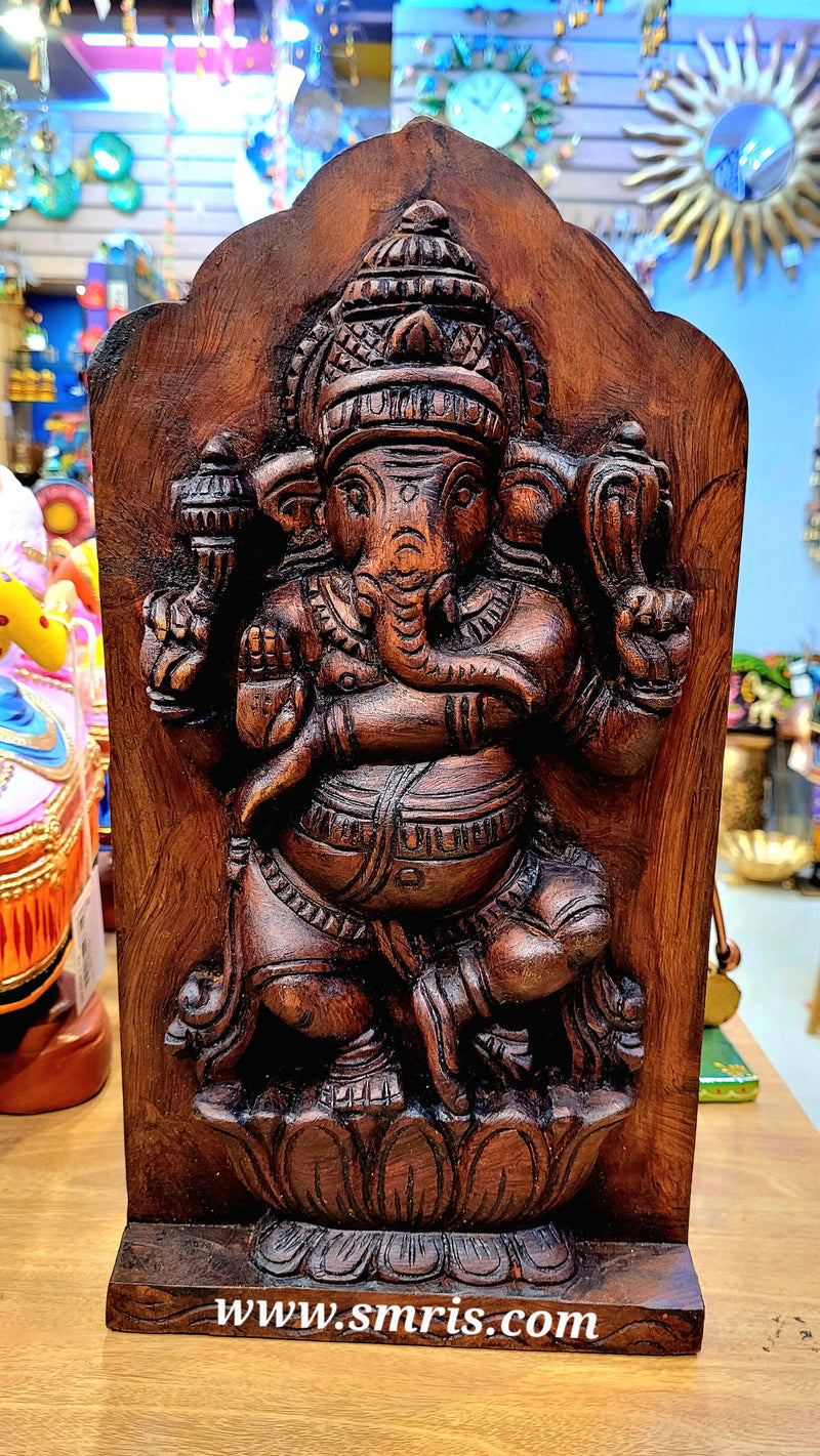 Dancing Ganesha Rosewood Natural Colour Mahogany Wood Carving Wall Panel / Wall Hanging Puja Room Traditional Chettinad Indian Handicrafts Puja Room Decor House Warming Gifts (15H x 8L x 2W Inches)