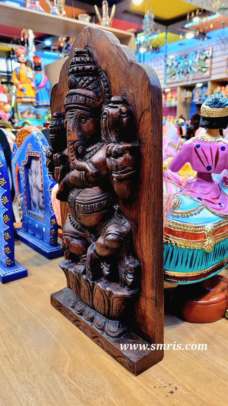 Dancing Ganesha Rosewood Natural Colour Mahogany Wood Carving Wall Panel / Wall Hanging Puja Room Traditional Chettinad Indian Handicrafts Puja Room Decor House Warming Gifts (15H x 8L x 2W Inches)