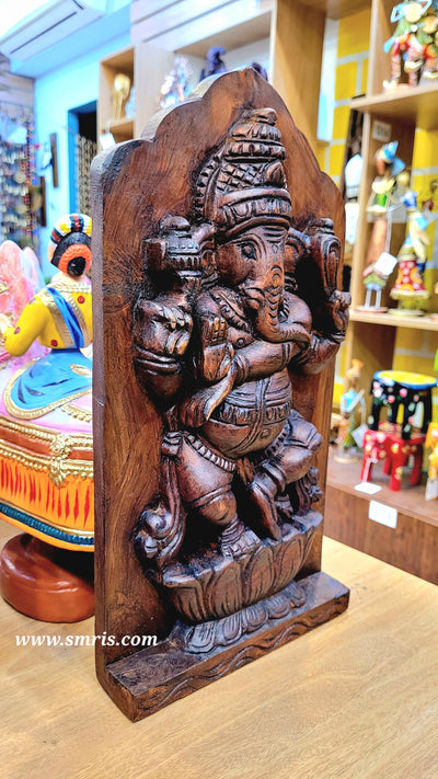 Dancing Ganesha Rosewood Natural Colour Mahogany Wood Carving Wall Panel / Wall Hanging Puja Room Traditional Chettinad Indian Handicrafts Puja Room Decor House Warming Gifts (15H x 8L x 2W Inches)