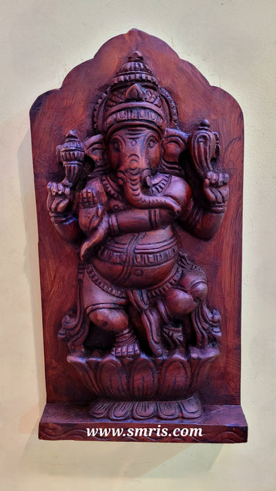 Dancing Ganesha Rosewood Natural Colour Mahogany Wood Carving Wall Panel / Wall Hanging Puja Room Traditional Chettinad Indian Handicrafts Puja Room Decor House Warming Gifts (15H x 8L x 2W Inches)