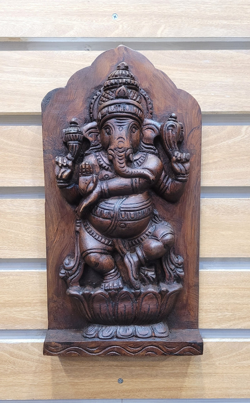 Dancing Ganesha Rosewood Natural Colour Mahogany Wood Carving Wall Panel / Wall Hanging Puja Room Traditional Chettinad Indian Handicrafts Puja Room Decor House Warming Gifts (15H x 8L x 2W Inches)