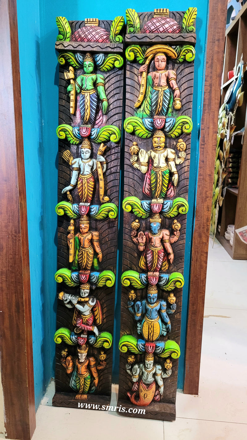 Dasavatharam 5 in 1 Line 2 Piece Mahogany Wood Carving Wall Panel / Hanging Design 2 Traditional Chettinad Indian Handicrafts Puja Room Decor House Warming Gifts (36 H x 6 L x 2 W Inches x 2)