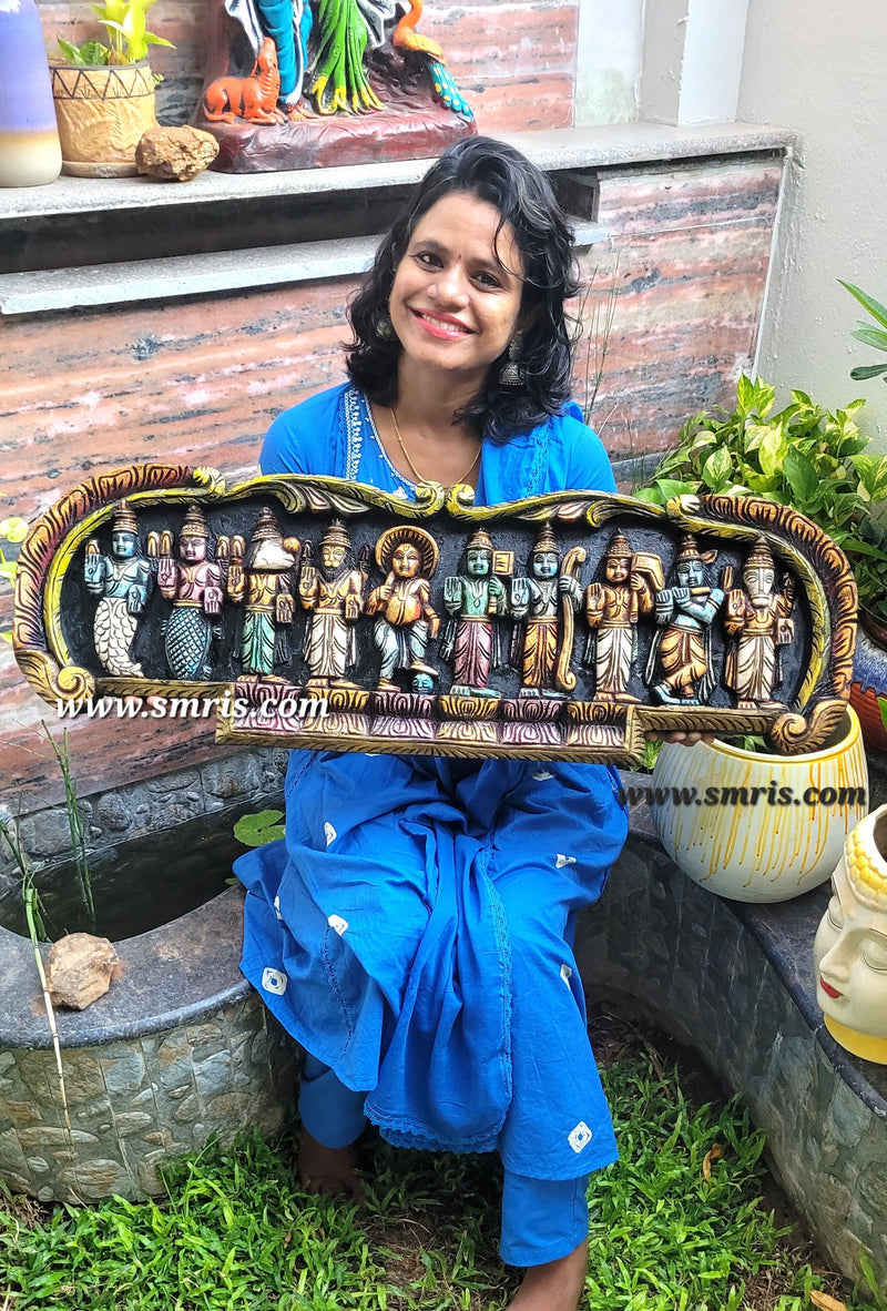 Dasavatharam Wood Carving Wall Panel / Wall Hanging Vaagai Wood Pooja Room Entrance Door Traditional Chettinad Indian Handicrafts Puja room decor (12 H x 36 L x 2 W inches)