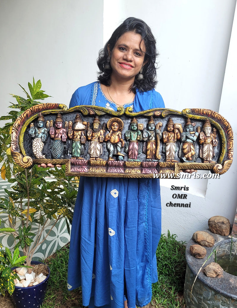 Dasavatharam Wood Carving Wall Panel / Wall Hanging Vaagai Wood Pooja Room Entrance Door Traditional Chettinad Indian Handicrafts Puja room decor (12 H x 36 L x 2 W inches)