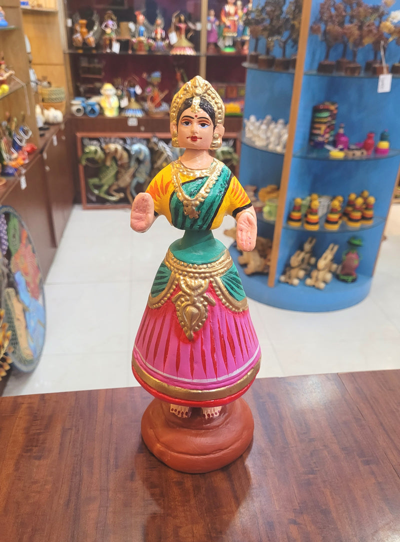 Diamond Dancing Doll 12 inch Big Pink With Green(12 H * 4.5 L * 4.5 W) inch Paper mache Thanjavur thalayatti bommai dancing doll