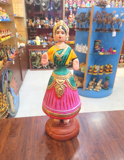 Diamond Dancing Doll 12 inch Big Pink With Green(12 H * 4.5 L * 4.5 W) inch Paper mache Thanjavur thalayatti bommai dancing doll