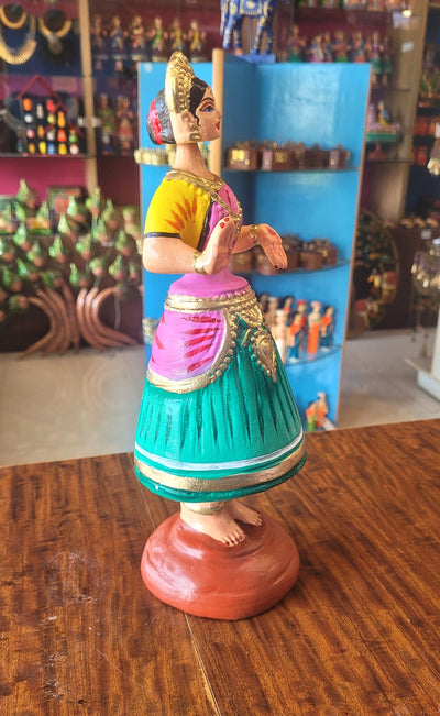 Diamond Dancing Doll 12 inch Big Green With Pink (12 H * 4.5 L * 4.5 W) inch Paper mache Thanjavur thalayatti Bommai Tanjore Dancing Doll