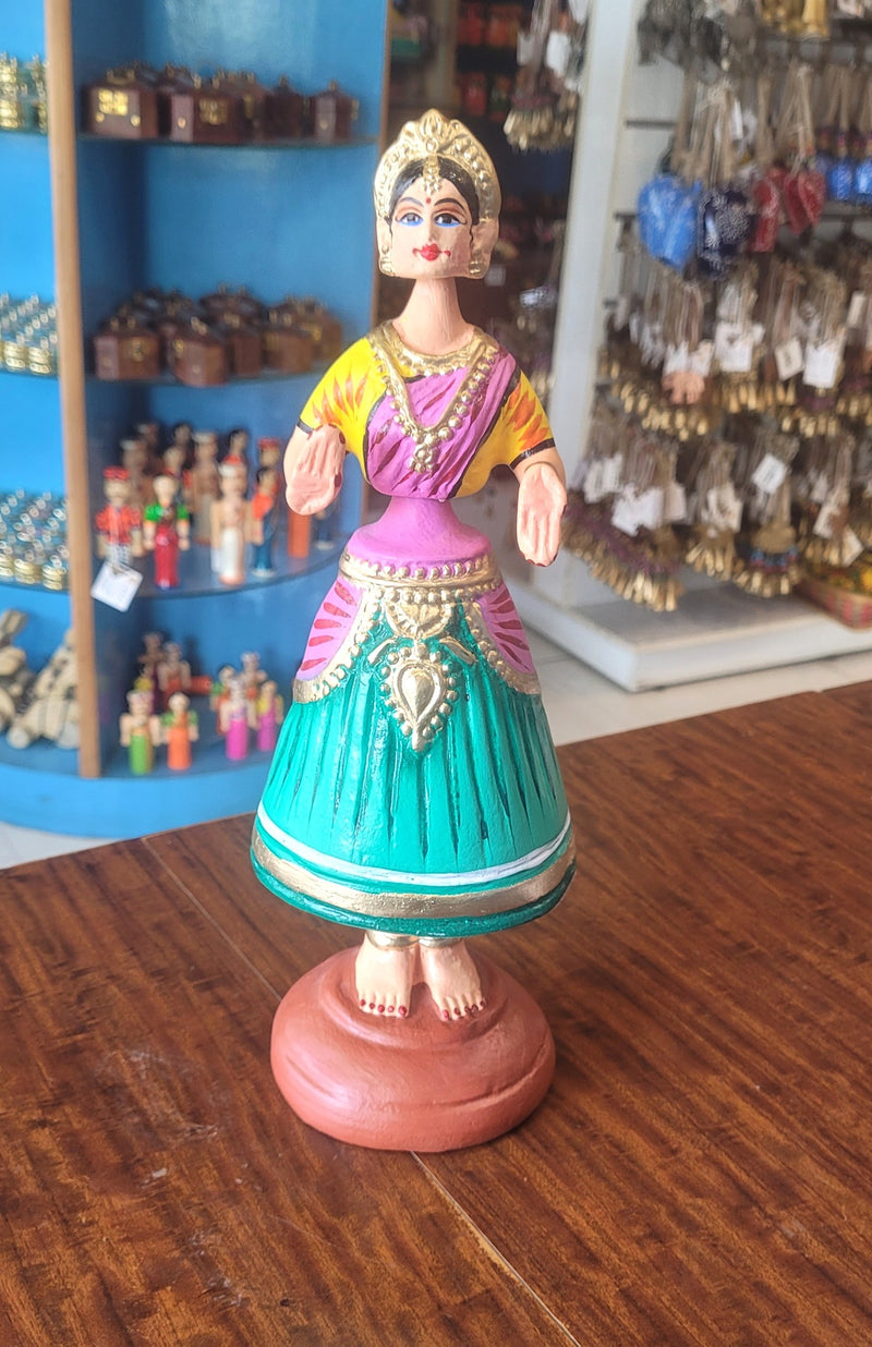 Diamond Dancing Doll 12 inch Big Green With Pink (12 H * 4.5 L * 4.5 W) inch Paper mache Thanjavur thalayatti Bommai Tanjore Dancing Doll