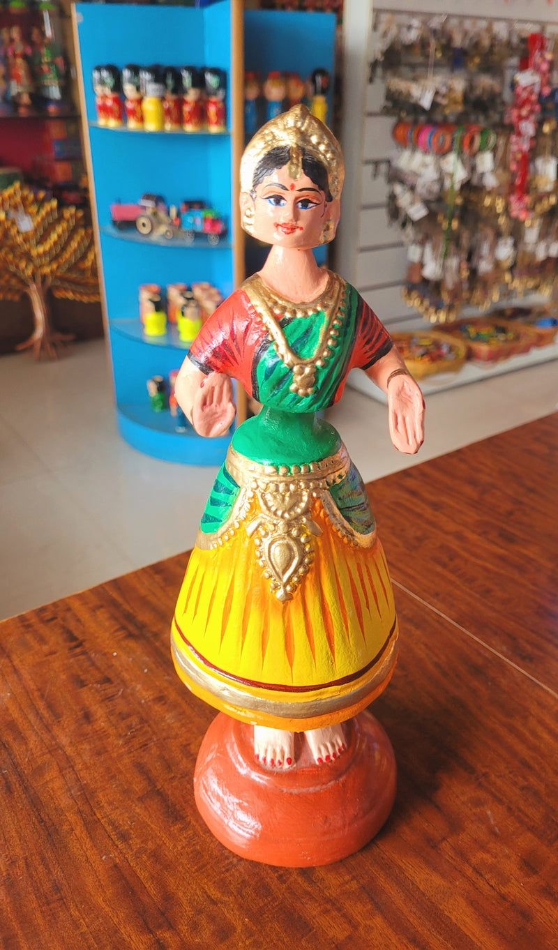 Diamond Dancing Doll 12 inch Big Yellow With Green(12 H * 4.5 L * 4.5 W) inch Paper mache Thanjavur thalayatti bommai dancing doll